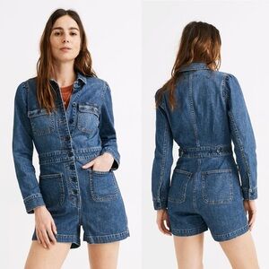 Madewell Denim Long-Sleeve Romper in Vasey Wash Blue Jeans Button Size 0 Shorts